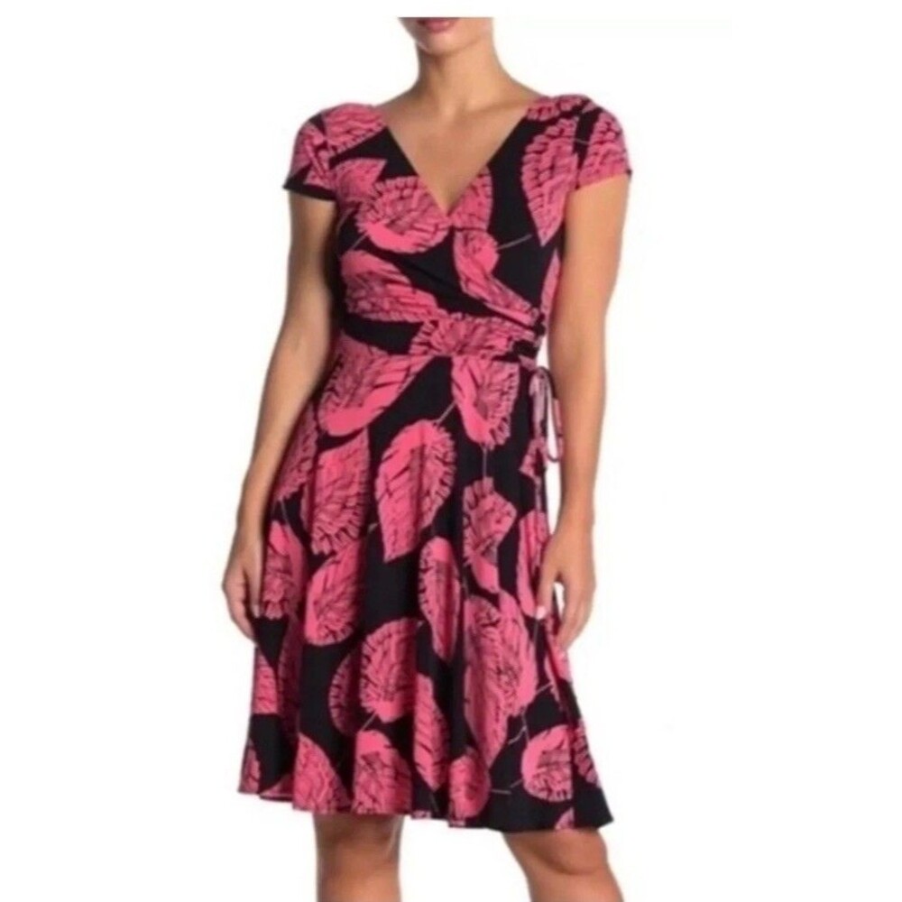 Women's Maggy London Blue & Coral Stretchy Tropical Floral Midi Dress Size 10